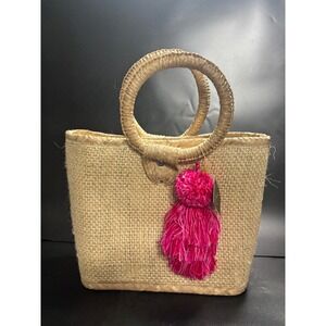 Del Rio Woven Straw Tote Bag Natural Beige Pink Pom Pom Tassel Fair Trade NEW
